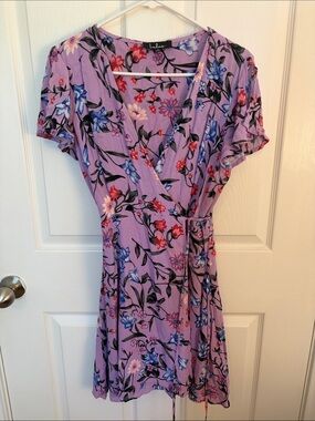 Lulu's Lavender Floral Wrap Dress with Pink & Blue Blooms